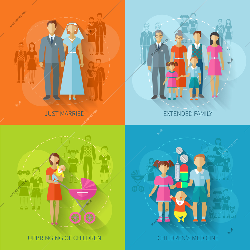 Family design concept set with just married children medicine flat icons set isolated vector illustration