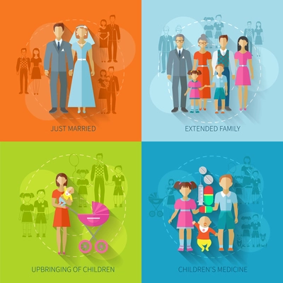 Family design concept set with just married children medicine flat icons set isolated vector illustration