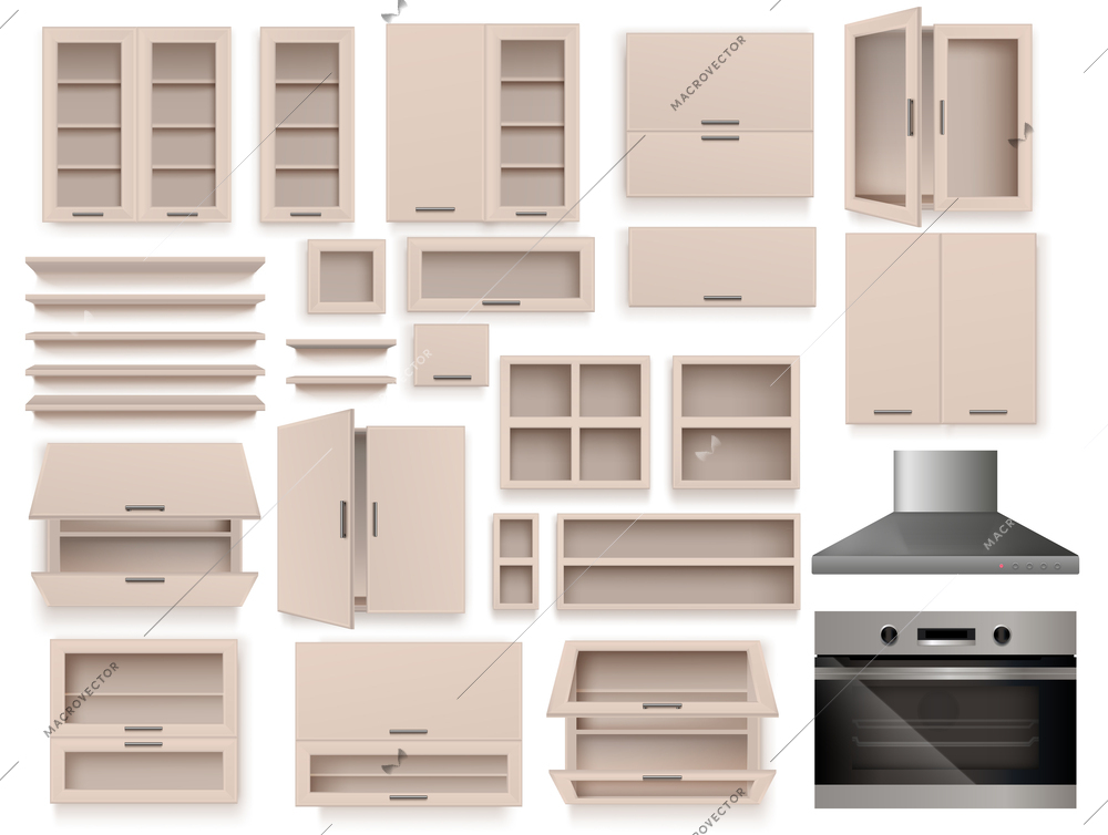 Realistic modern kitchen interior furniture elements set with cooker exhaust hood and empty cupboards and shelves isolated vector illustration