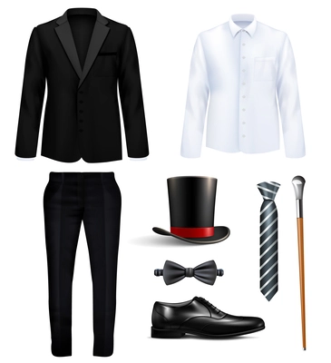 Gentleman suit and accessories realistic set with black costume white shirt hat boot ties stick isolated vector illustration