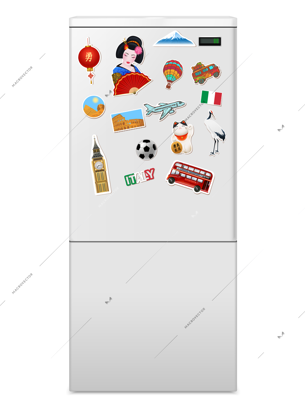 Realistic fridge front door with souvenir magnets from different countries vector illustration