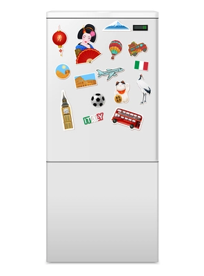 Realistic fridge front door with souvenir magnets from different countries vector illustration