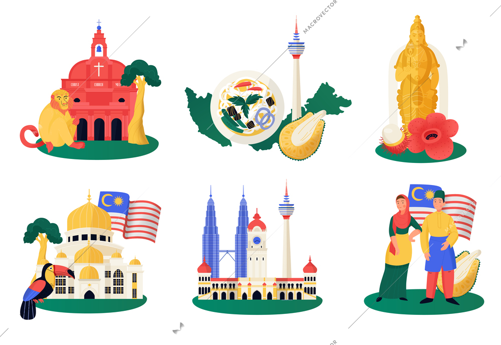 Malaysia travel compositions flat set with tourist attractions and cultural symbols isolated vector illustration