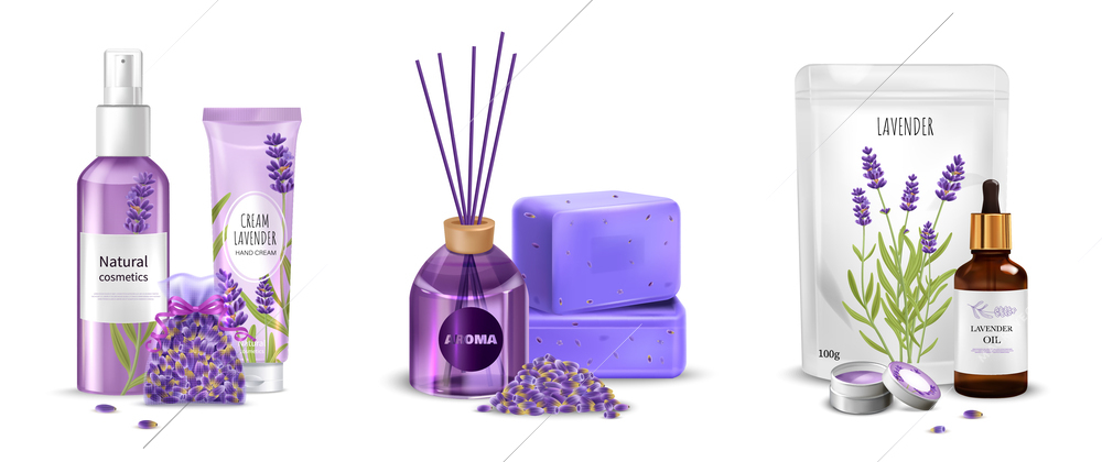Realistic lavender compositions set with cosmetic products and soap isolated vector illustration