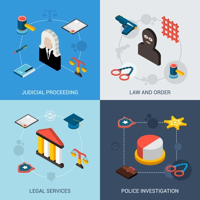 Law isometric set with judical proceeding legal services police investigation icons isolated vector illustration