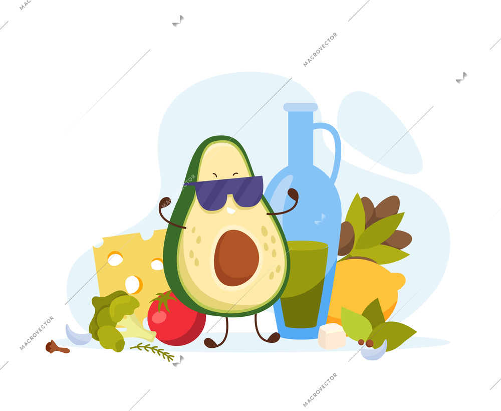 Cartoon avocado flat composition with character of fruit wearing sunglasses and cheese with lemon and olives vector illustration