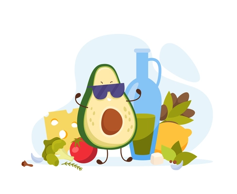 Cartoon avocado flat composition with character of fruit wearing sunglasses and cheese with lemon and olives vector illustration