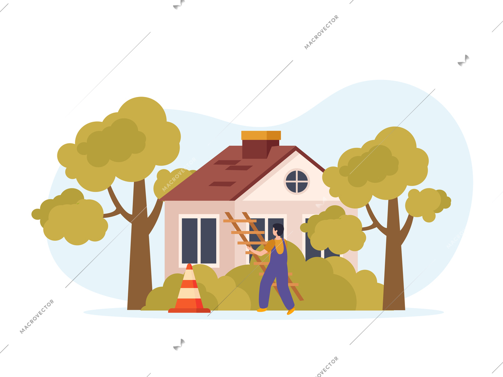 Roof flat background composition with view of house beyond trees with cone and worker carrying ladder vector illustration