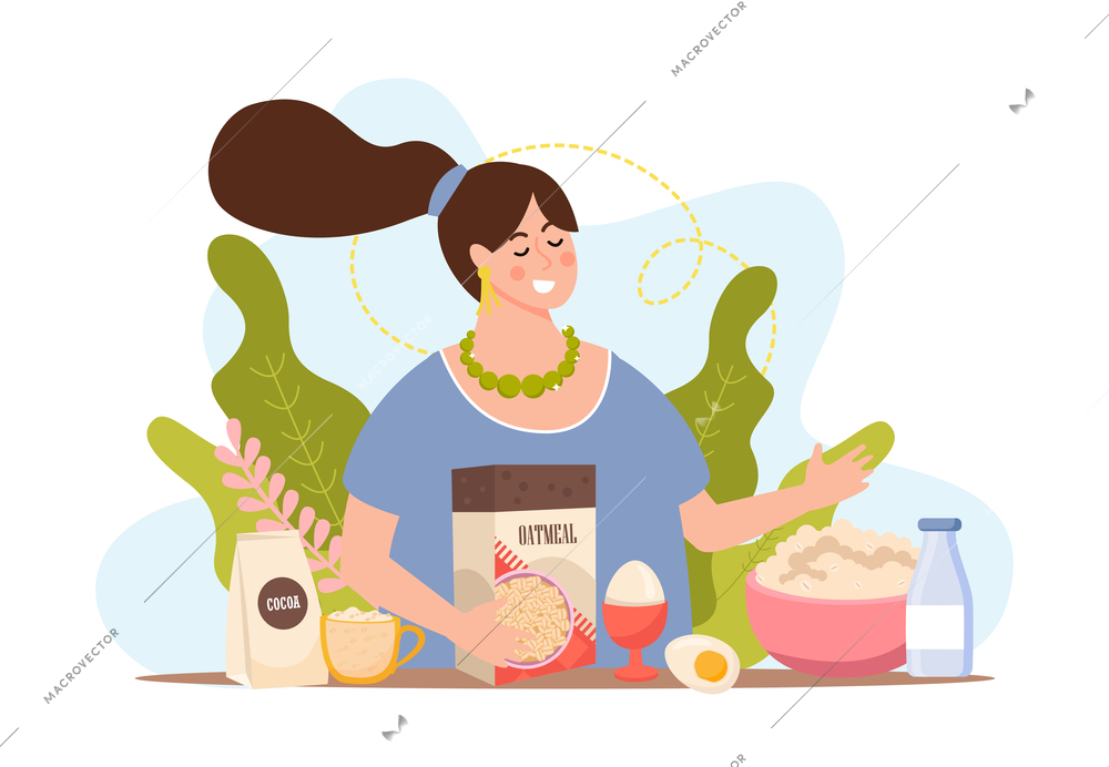 Oatmeal flat composition with character of woman cooking porridge made with oat flakes eggs and milk vector illustration