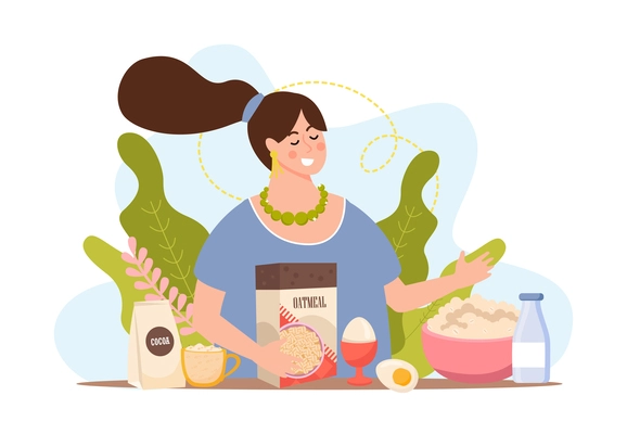 Oatmeal flat composition with character of woman cooking porridge made with oat flakes eggs and milk vector illustration