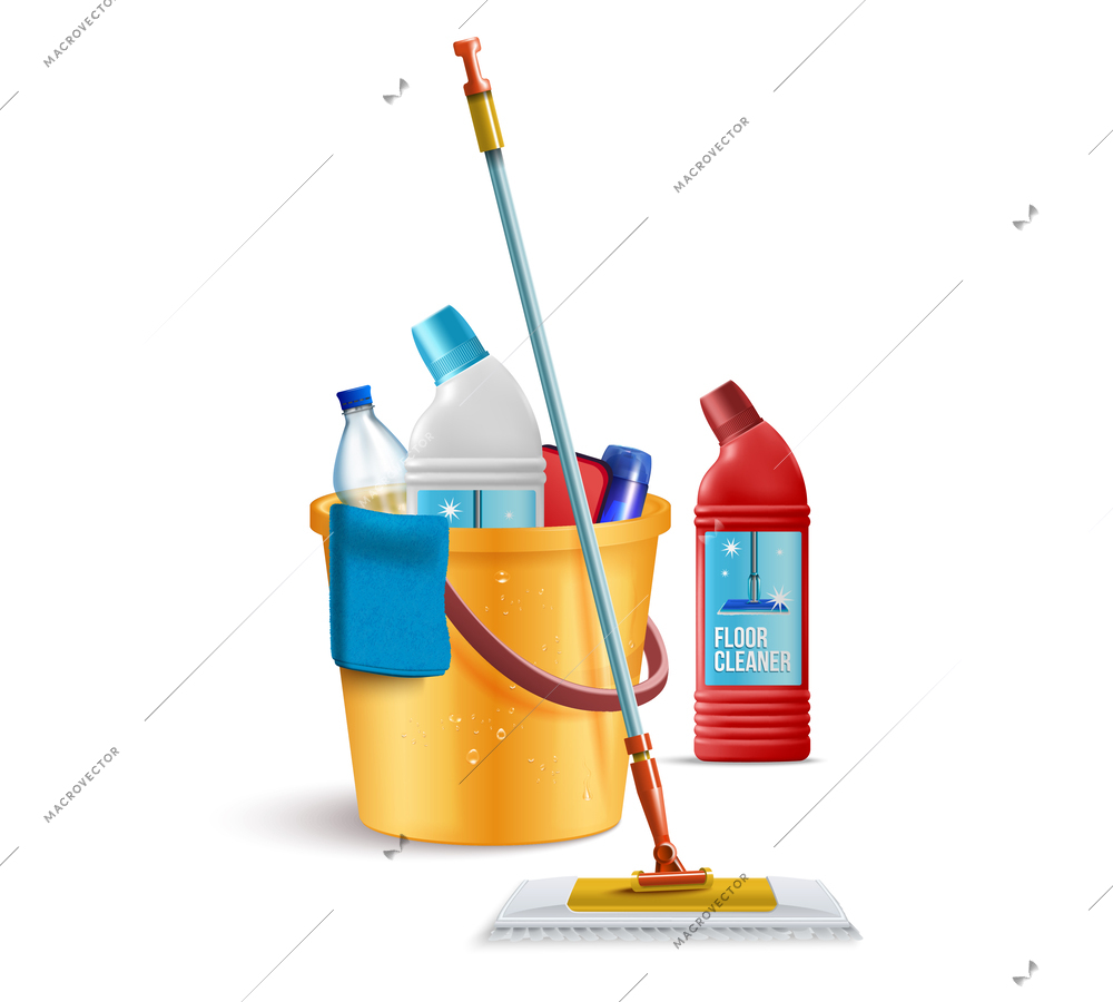 Realistic cleaning composition with empty background and isolated view of mop bucket cloth and cleanup detergents vector illustration