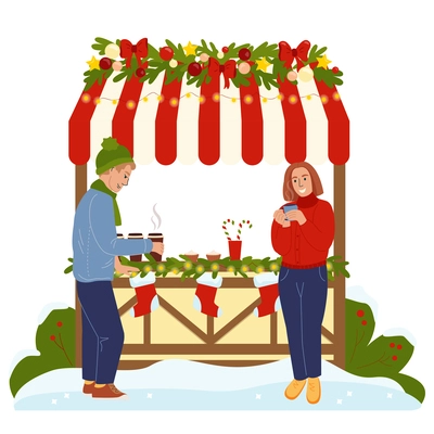 Christmas fair flat composition with male and female characters drinking hot drinks in front of booth vector illustration