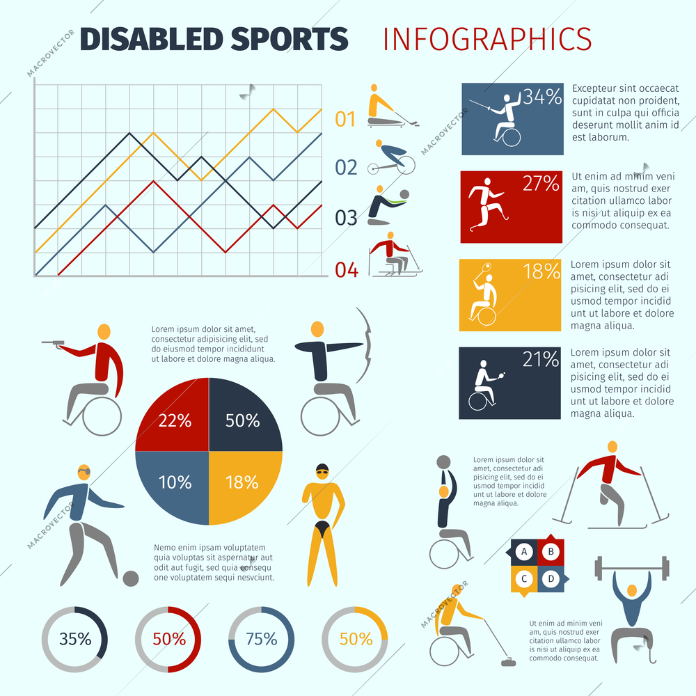 Disabled sports infographics with handicapped athletes symbols and charts vector illustration
