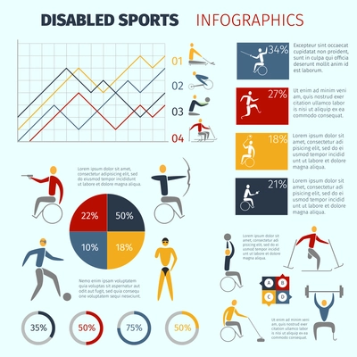 Disabled sports infographics with handicapped athletes symbols and charts vector illustration