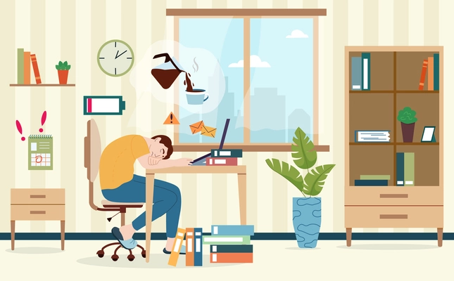 Coffee people flat composition with tired boy sitting at table dreaming of pouring cup of coffee vector illustration