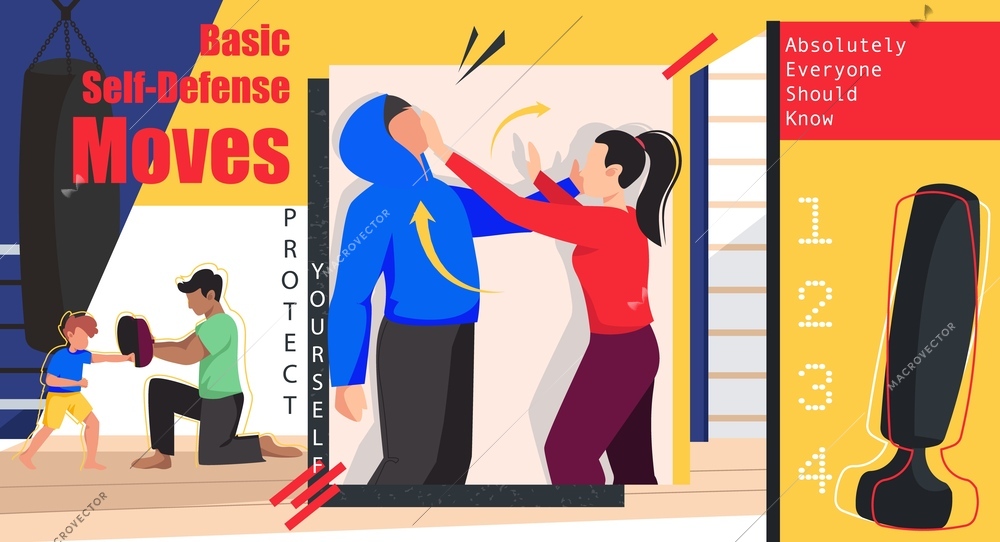 Self defense training composition with flat collage of woman and child characters building resistance with moves vector illustration