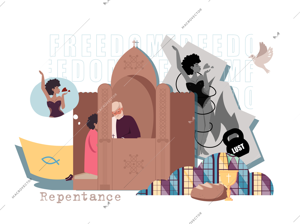 Sin religion composition with collage of flat icons with room of reconciliation bread wine and people vector illustration