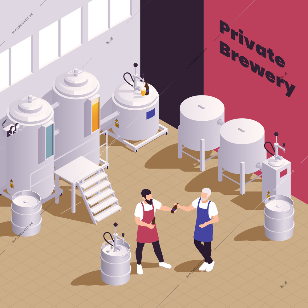 Small family business isometric composition with indoor view of industrial unit for brewing beer with people vector illustration