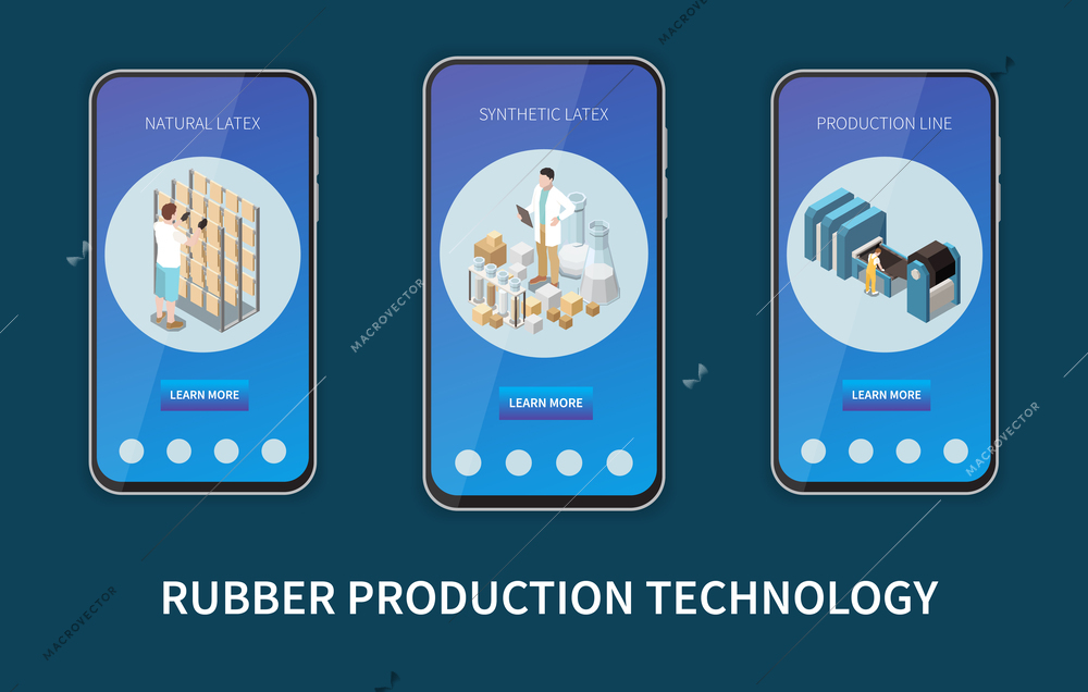 Rubber production technology set of three smartphones with app providing information about synthetic and natural latex isometric vector illustration