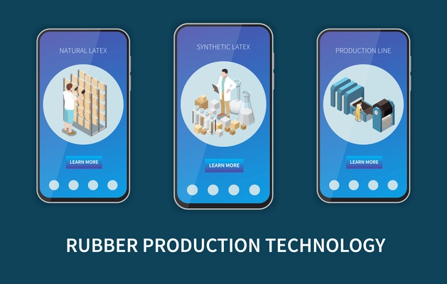 Rubber production technology set of three smartphones with app providing information about synthetic and natural latex isometric vector illustration