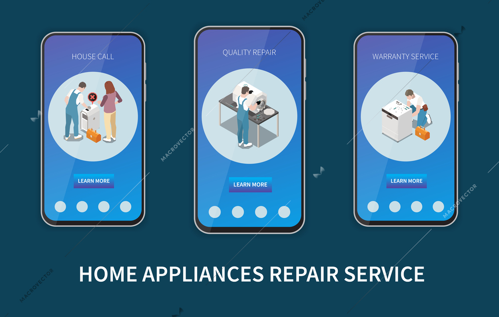 Home appliance repair service isometric set of three smartphones with mobile app providing information about house call and warranty vector illustration