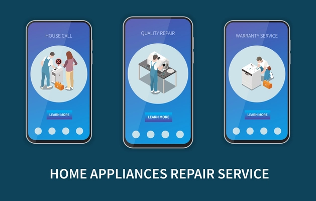 Home appliance repair service isometric set of three smartphones with mobile app providing information about house call and warranty vector illustration