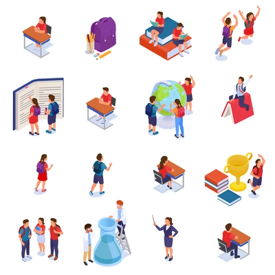 Back to school isometric set with isolated characters of children with backpacks stationery and educational materials vector illustration