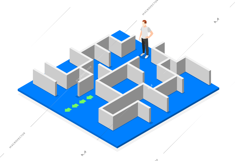 Decision making isometric concept with man in abstract labyrinth vector illustration