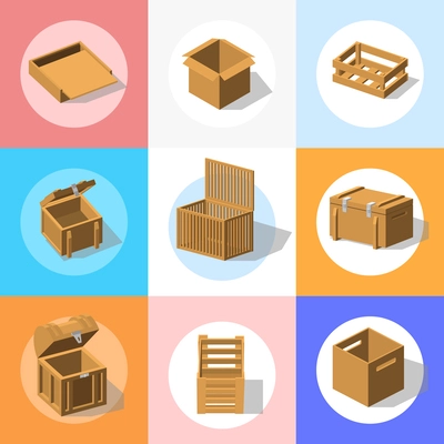 Boxes 3d set of round compositions with wooden boxes of various shapes with chests and pallets vector illustration