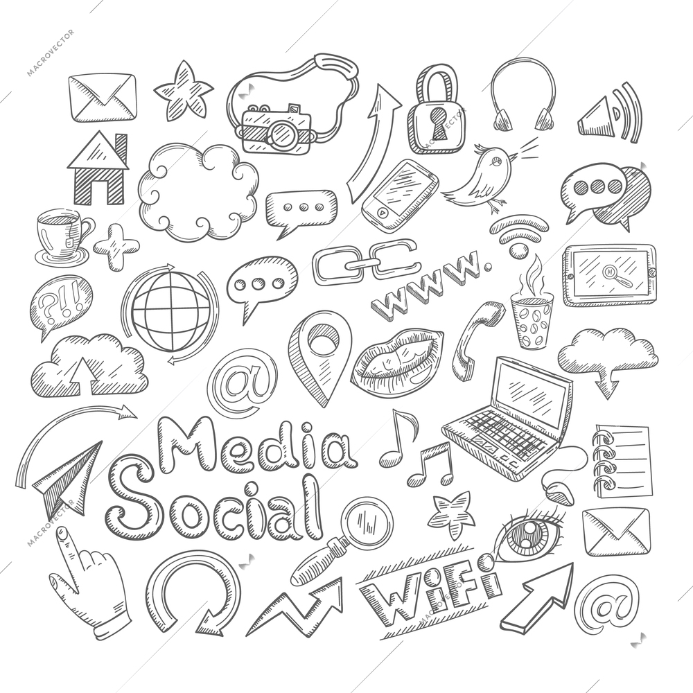 Doodle social media decorative icons set with creative elements isolated vector illustration