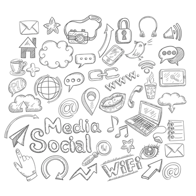 Doodle social media decorative icons set with creative elements isolated vector illustration