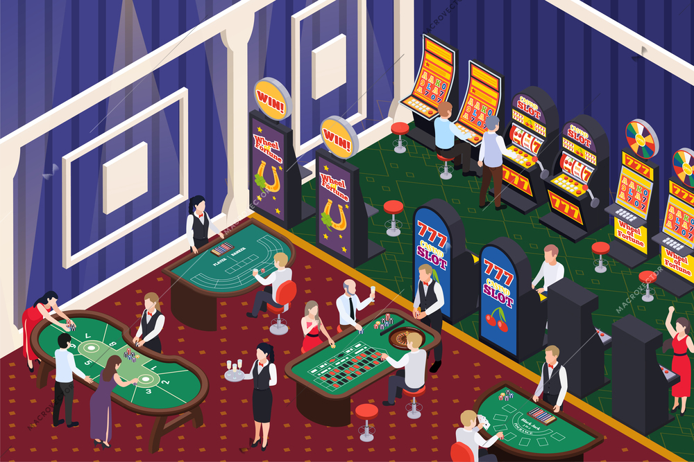 Casino isometric composition with indoor scenery waiters and dealers at gaming tables with players slot machines vector illustration