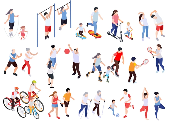 Regular sport physical activity people isometric set of isolated human characters with sports equipment and uniform vector illustration