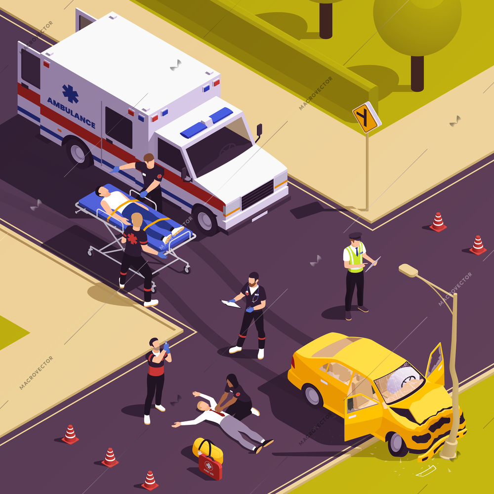 Accident on road isometric background with ambulance car and medical brigade carrying out resuscitation measures vector illustration