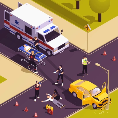 Accident on road isometric background with ambulance car and medical brigade carrying out resuscitation measures vector illustration