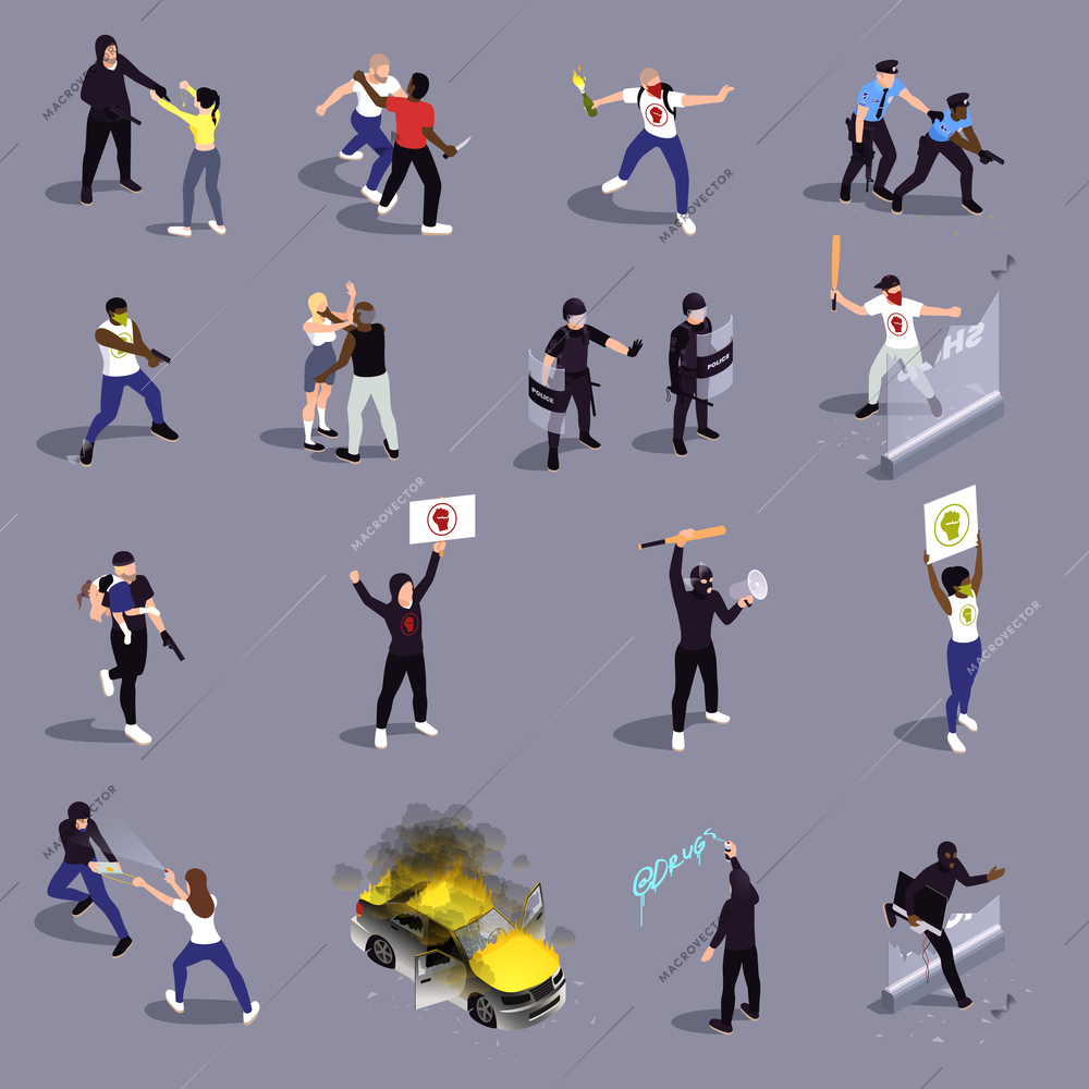 Street violence isometric set of protesting people with posters and aggressive characters with bat and a molotov cocktail isolated vector illustration