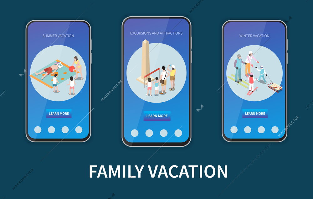 Family vacation isometric mobile app set of three smartphone screens with information about excursions and season rest vector illustration