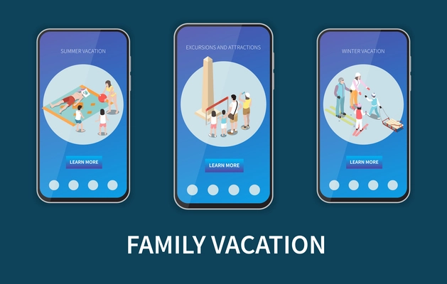 Family vacation isometric mobile app set of three smartphone screens with information about excursions and season rest vector illustration
