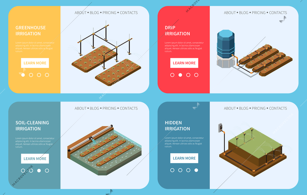 Irrigation systems landing pages providing information about greenhouse drip hidden and soil cleaning irrigation isometric vector illustration