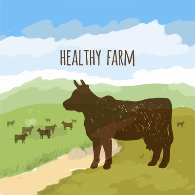 Healthy farm poster with cow silhouettes on the green meadow vector illustration