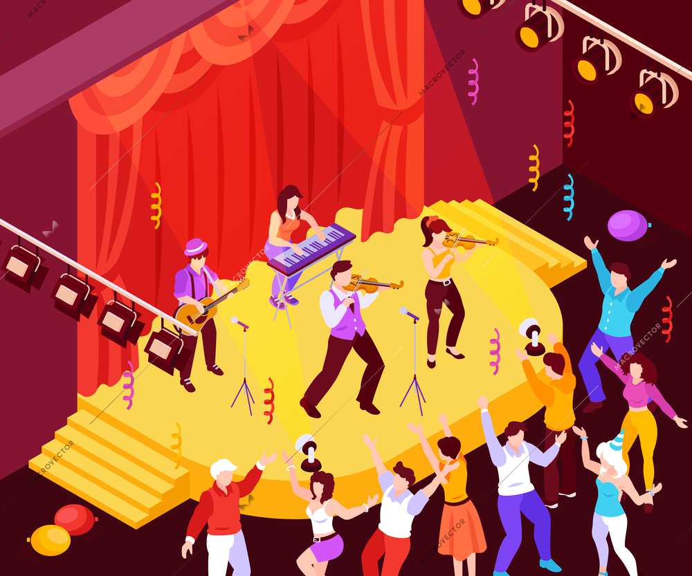 Musical band performance on stage with people dancing around 3d isometric vector illustration