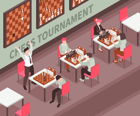 Isometric chess tournament with three couples of players winner and loser 3d vector illustration