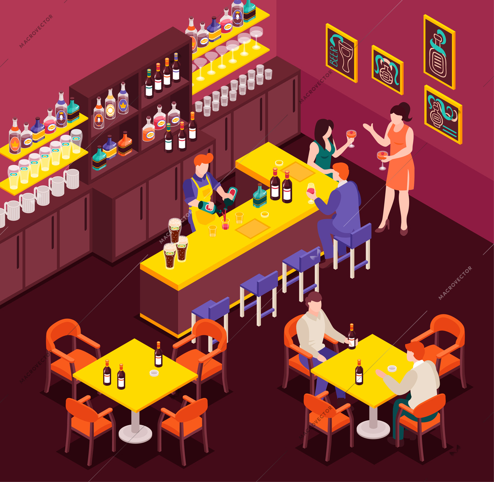 Bar interior with barman making cocktails and visitors drinking various beverages 3d isometric vector illustration