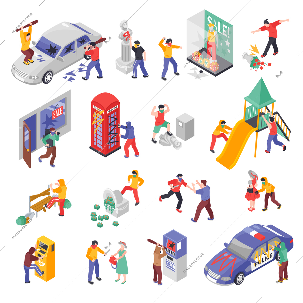 Isometric set of vandals and bandits damaging property committing burglary and mugging people isolated 3d vector illustration