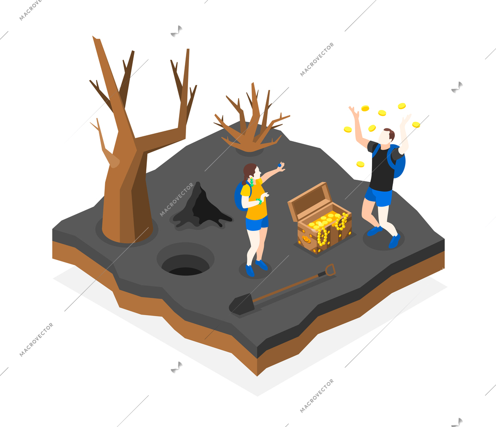 Treasure quest isometric composition with dry trees and explorers team with shovel just found treasure chest vector illustration