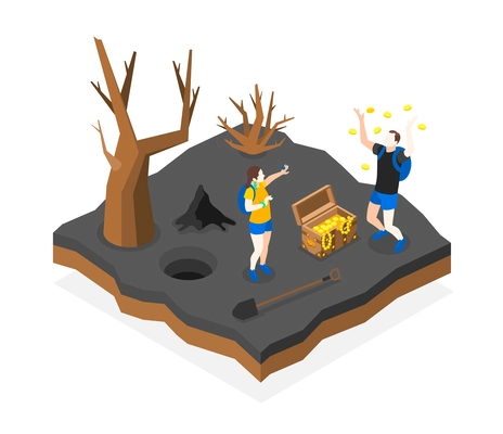 Treasure quest isometric composition with dry trees and explorers team with shovel just found treasure chest vector illustration