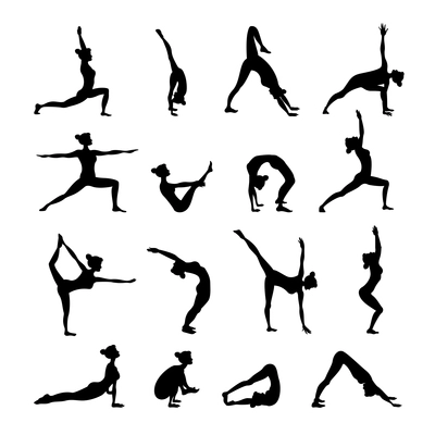 Healthy women in balance harmony poses in yoga icons set black isolated vector illustration