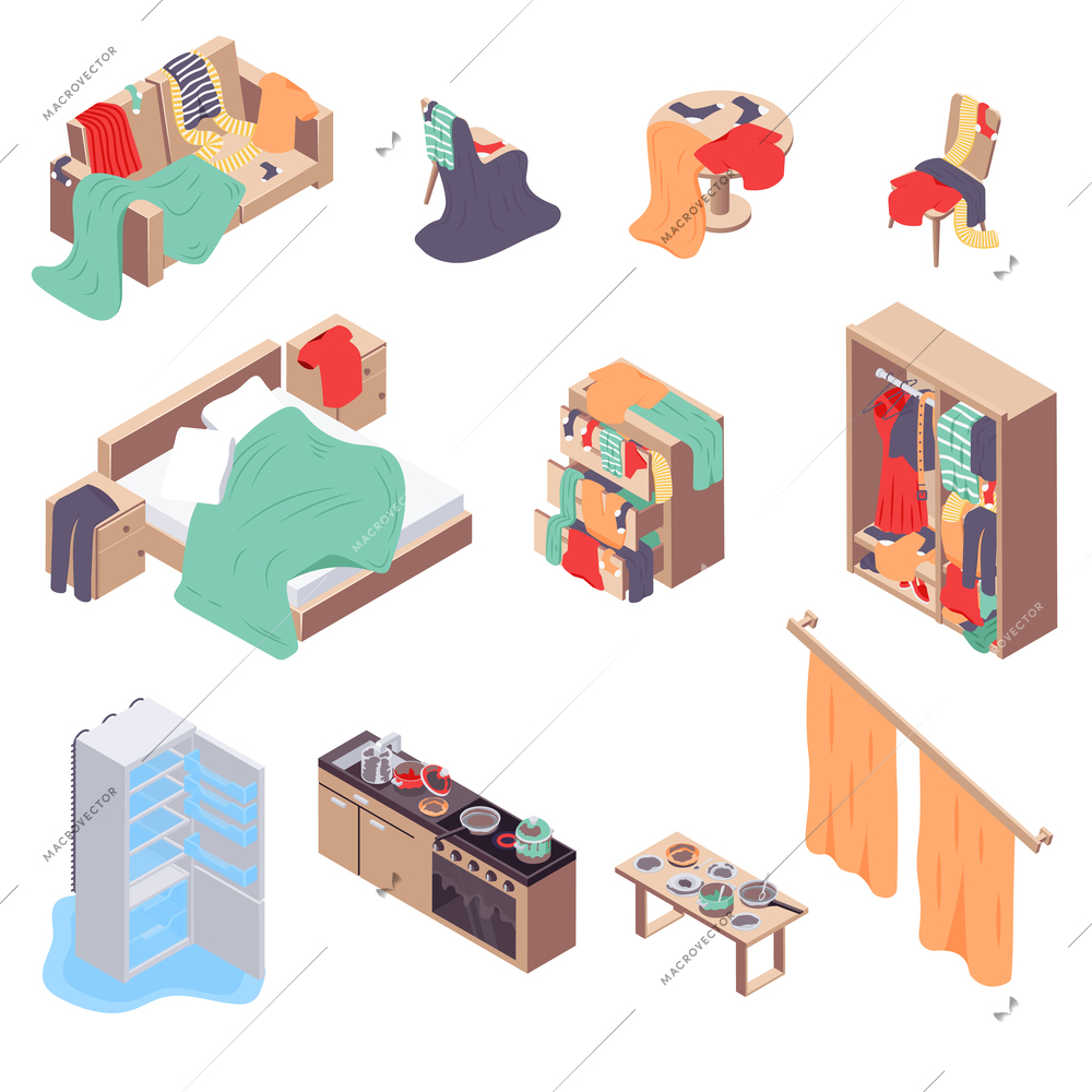 Messy room isometric set with interior and furniture symbols isolated vector illustration
