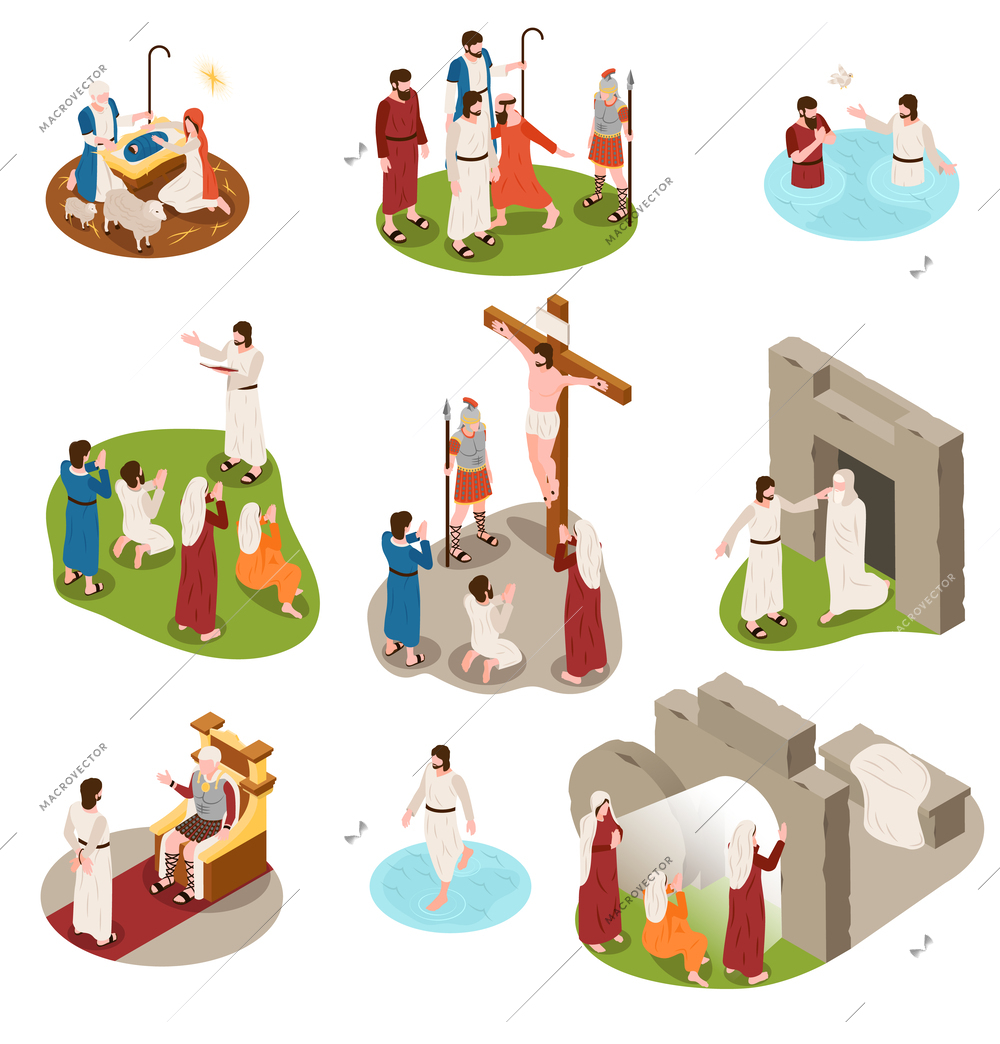 Jesus life set with religion and faith symbols isometric isolated vector illustration