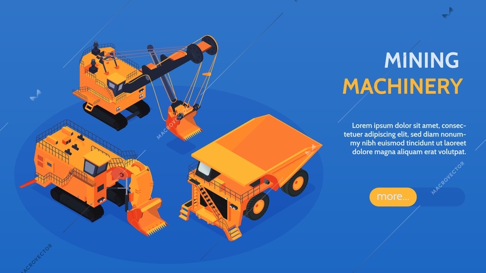 Isometric mining horizontal banner with clickable more button editable text and images of heavy yellow bulldozers vector illustration